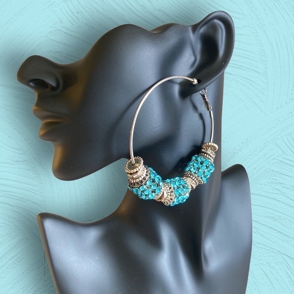 💙 Faux Blue Topaz Rhinestone and Silver Tone Large Hoop Earrings Handmade - Picture 1 of 8